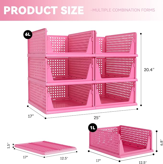 Pink Girl Closet Organizers and Storage Stackable Plastic Drawer Basket for Clothing Stackable Storage Bins Shelf Storage Container for RV Closet Wardrobe Bedroom Bathroom Playroom 6 Pack
