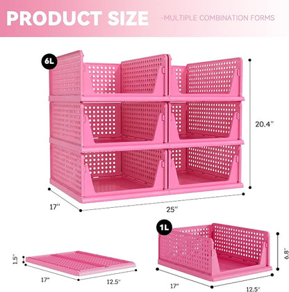 Pink Girl Closet Organizers and Storage Stackable Plastic Drawer Basket for Clothing Stackable Storage Bins Shelf Storage Container for RV Closet Wardrobe Bedroom Bathroom Playroom 6 Pack
