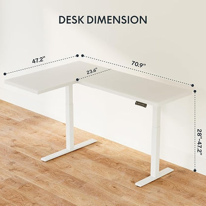 SANODESK 71-Inch Large Dual Motor L-Shaped Electric Height Adjustable Standing Desk - Reversible Panel - White Top/White Frame - Ideal for Gaming, Home Office or Computer Workstation