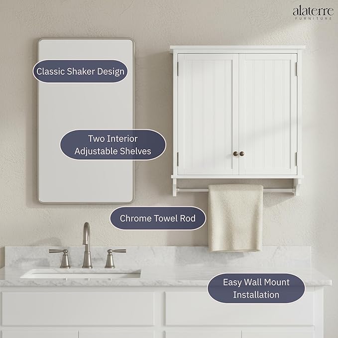 Dover 27” x 29” Wall Mounted Bathroom Storage Cabinet with Shaker Beadboard Doors, Two Adjustable Shelves and a Towel Bar – White Wall Cabinet for Bathroom, Laundry, or Entryway by Alaterre Furniture
