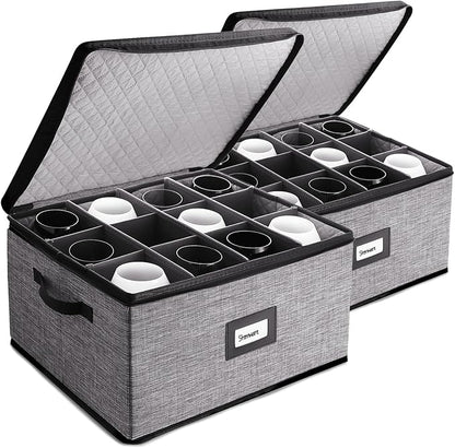 Wine Glass Storage Box with Dividers, 2 Pack Stackable Stemware Storage Cases, Service of 24 Glassware Storage Containers, Quilted China Storage Containers for Moving and Seasonal Storage, Grey