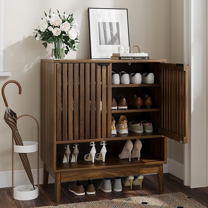 Shoe Storage Cabinet with Adjustable Shelves, Wooden Shoe Organizer, Shoes Rack for Entryway, Hallway, Living Room (Walnut, 27.56" W)