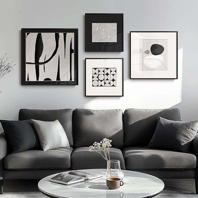 4 Piece Framed Modern Black and White Wall Art Set, Large Minimalist Abstract Canvas Picture Artwork Decor, Contemporary Line Gray Prints Painting for Living Room Hallway Bedroom Office