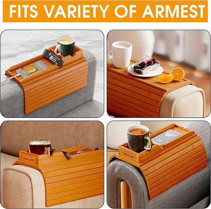 Couch Cup Holder Tray with 2 Cork Coasters, Couch Arm Tray, 2 in 1 Anti-Slip Foldable Sofa Arm Tray, Couch Armrest Table, Anti-Spill Couch Arm Table for Drinks TV Remote Cellphone Snacks (Mahogany)