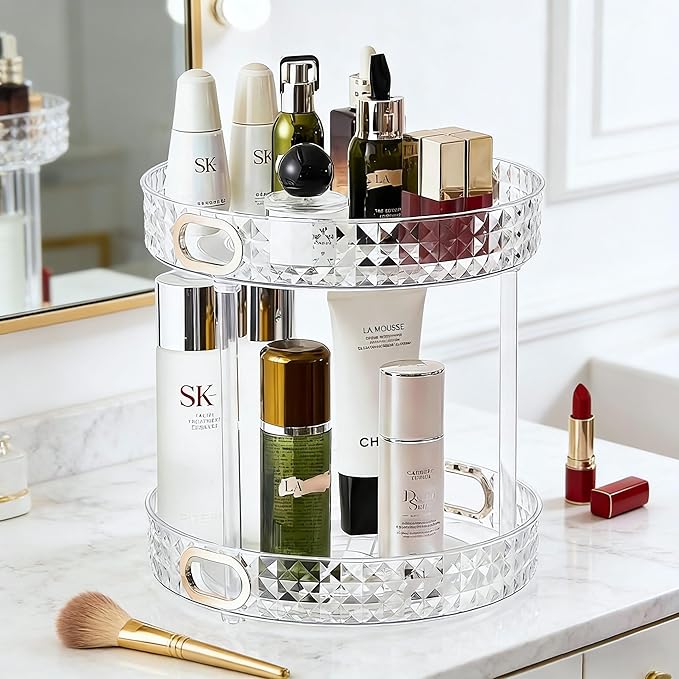 360 Rotating Makeup Organizer for Vanity, 2 Tier Diamond Pattern Perfume Organizer for Women, Large Capacity Skincare Lotion Cosmetic Organizer, Bathroom Countertop Makeup Holder, Clear