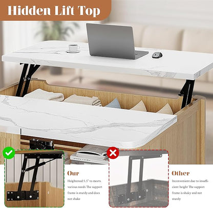 Lift Top Coffee Table with Storage, 31.5" Mid Century Modern Square Coffee Tables for Living Room, Large Hidden Storage Compartment, Adjustable Shelves & Sliding Door, Oak