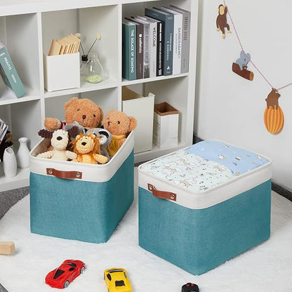 HNZIGE Extra Large Fabric Storage Bin Baskets for Organizing Shelves [2 Pack] Storage Baskets for Closet 16" X 11.8" X 11.8" Rectangular Storage Basket Bin for Organization Living Room(Teal&White)