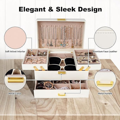 Dajasan Jewelry Box for Women, 3 Layers Large Jewelry Organizer Box, Jewelry Storage Case for Earring, Ring, Necklace, Bracelets (Cloud White + Gold)