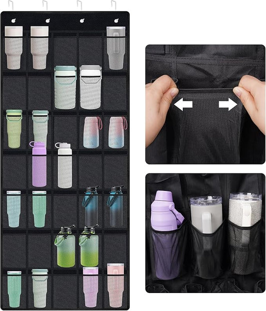 NiHome Multi-Functional 35 Pockets Door Hanging Organizer Fit for Stanley Tumbler in Kitchen, Pantry, Bedroom, Bathroom, Large Capacity Elastic Mesh Secure Storage Cup Holder, Foldable for Home and RV