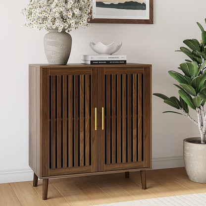 Sideboard Cabinet, 31.5" W Farmhouse Buffet Cabinet with Slatted Doors & Adjustable Shelf, Wood Coffee Bar Storage Station for Kitchen, Dining Room, Living Room, Entryway, Walnut Color