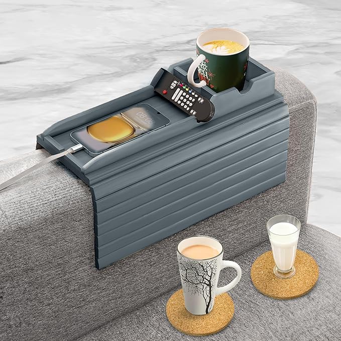 Couch Cup Holder Tray with 2 Cork Coasters, Couch Arm Tray, 2 in 1 Anti-Slip Foldable Sofa Arm Tray, Couch Armrest Table, Anti-Spill Couch Arm Table for Drinks TV Remote Cellphone Snacks (Grey)