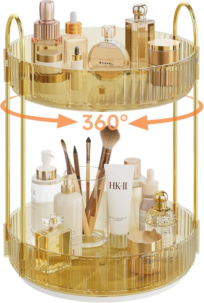 Rotating Makeup Organizer Countertop,Skincare Organizers,Spinning Perfume Tray Stand,Makeup Storage Organizer for Vanity,Bathroom Organizer and Storage,Lazy Susan,2 Tier,Gold