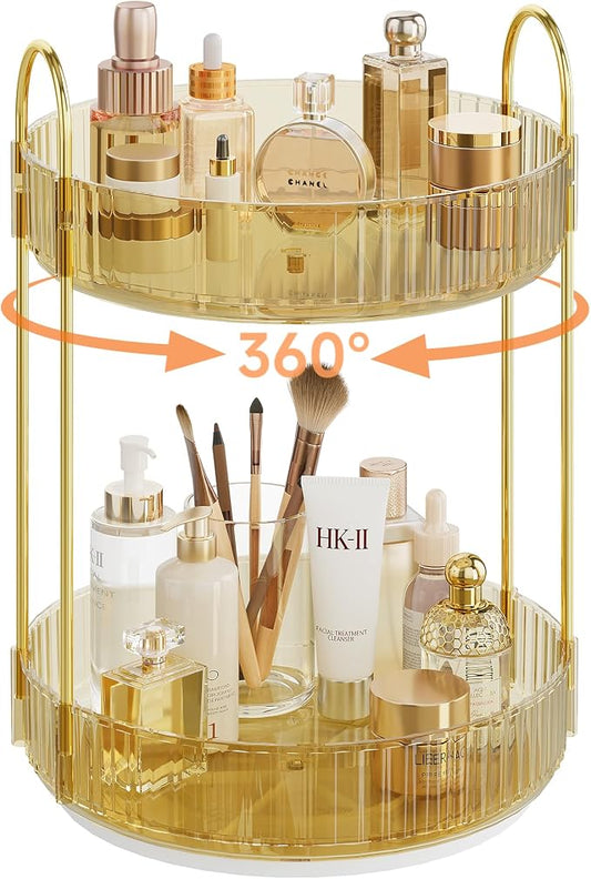 Rotating Makeup Organizer Countertop,Skincare Organizers,Spinning Perfume Tray Stand,Makeup Storage Organizer for Vanity,Bathroom Organizer and Storage,Lazy Susan,2 Tier,Gold