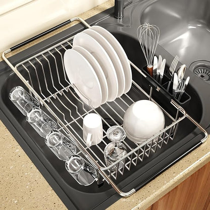 Over the Sink Expandable Dish Drainer Drying Rack In Stainless Steel for Small Kitchen, Counter Space Saving Modern Compact Metal Above Plate Dryer Strainer, Adjustable Hanging Inside Drain Holder | Expandable Stainless Steel Dish Drainer for Small Kit...