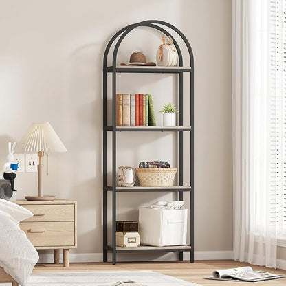 Yusong Bookshelf 4 Tier Arched Bookcase, 71.3" Tall Industrial Open Book Shelves for Living Room, Modern Freestanding Display Shelving Storage Rack Metal Frame, Office, Bedroom, Grey