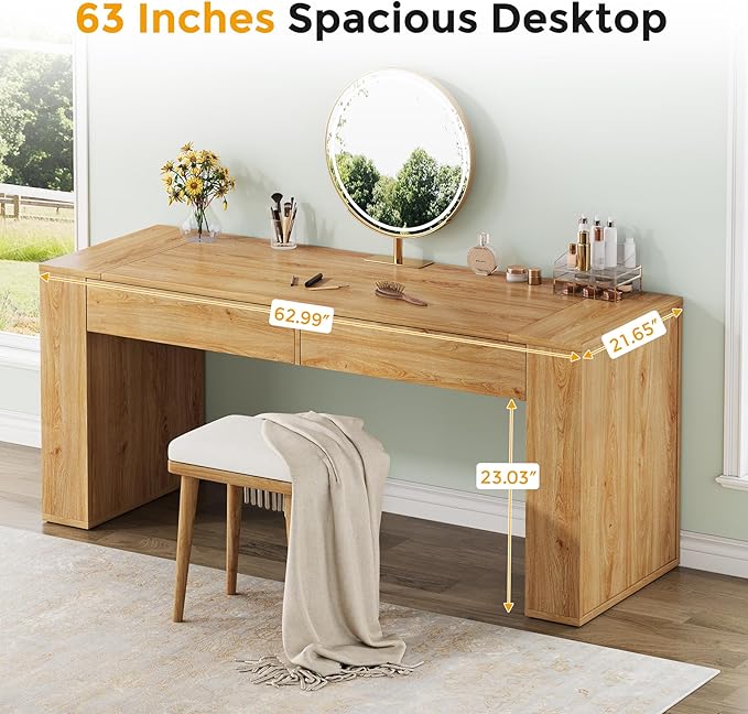63-Inch Computer Desk with Storage, Farmhouse Home Office Desk with 2 Drawers, Wood Study Writing Table Workstation for Office, Study Room, Bedroom, Natural Oak