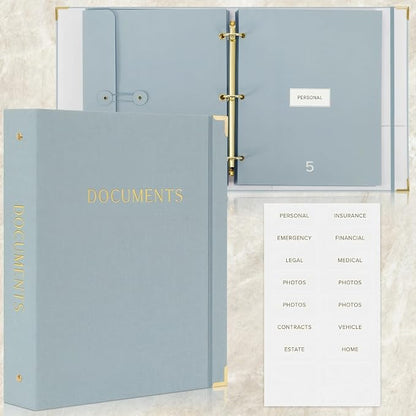 Important Document Organizer Set with Folders - Complete Linen Ring Binder Set Safely Stores All Documents & Files in One Place - Easy to Use Expanding Storage Incl. Envelopes, Pockets & Labels