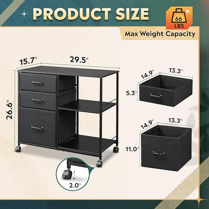 DEVAISE 3 Drawer Mobile File Cabinet, Rolling Printer Stand with Open Storage Shelf, Fabric Lateral Filing Cabinet fits A4 or Letter Size for Home Office, Black