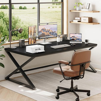IBF Large Black Computer Desk, 70.8” Long Writing Desk for Home Office, Modern Simple Executive Work Study Desk for Two Person, Wood Double PC Gaming Workstation Computer Table for Bedroom, Black Oak