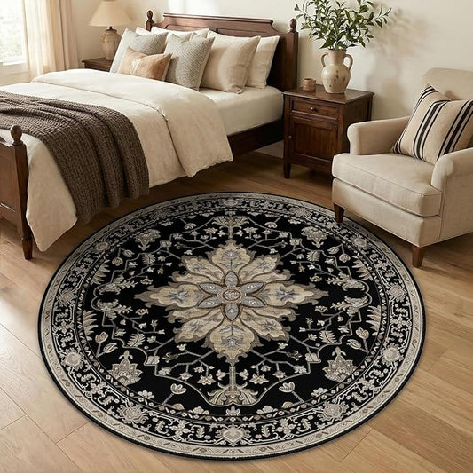 RELEANY Area Rugs Round 5ft Washable Non-Slip, Floral Vintage Distress Medallion Carpet for Living Room Bedroom Dining Room, Black Brown Neutral Dark Tan