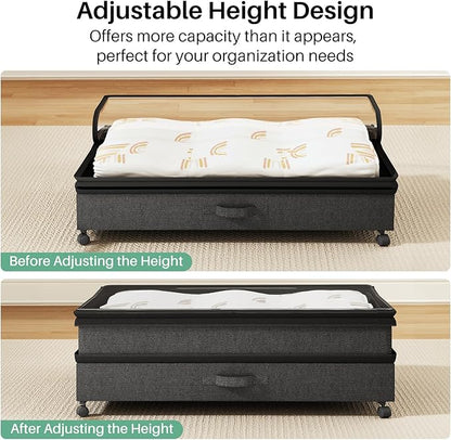 Kitstorack 4 Pack Height-adjustable Under Bed Storage with Wheels, Under Bed Storage Containers,Under Bed Shoe Storage Organizer with Clear Window&Label, Suitable for Clothes Storage, Black