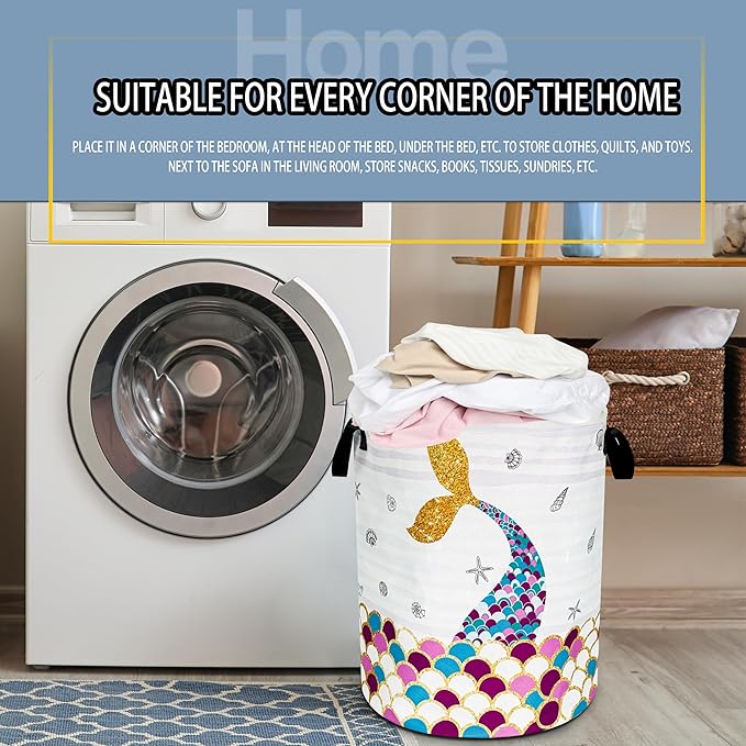 NUTAINLA Mermaid Scales Tail Laundry Basket Foldable Oxford Cloth Funny Tote Bag Laundry Hamper Clothes Storage Bucket Toy Organizer For Bathroom/Laundry Storage/Bedroom 18.9x16.5 Inch