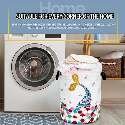 NUTAINLA Mermaid Scales Tail Laundry Basket Foldable Oxford Cloth Funny Tote Bag Laundry Hamper Clothes Storage Bucket Toy Organizer For Bathroom/Laundry Storage/Bedroom 18.9x16.5 Inch