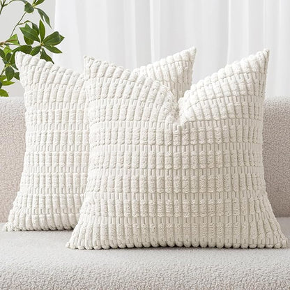 MIULEE Pack of 2 Corduroy Decorative Throw Pillow Covers 16x16 Inch Soft Boho Striped Pillow Covers Modern Farmhouse Home Decor for Sofa Living Room Couch Bed Pure White