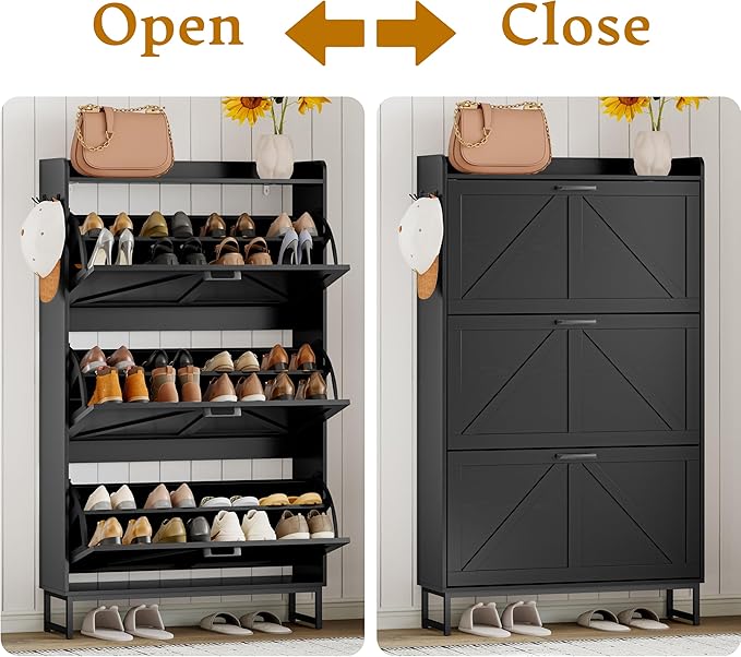 Shoe Cabinet Storage for Entryway, Shoe Storage Cabinet with 3 Flip Drawers, Freestanding Narrow Shoe Rack Organizer with Metal Legs for Foyer, Hallway, Black
