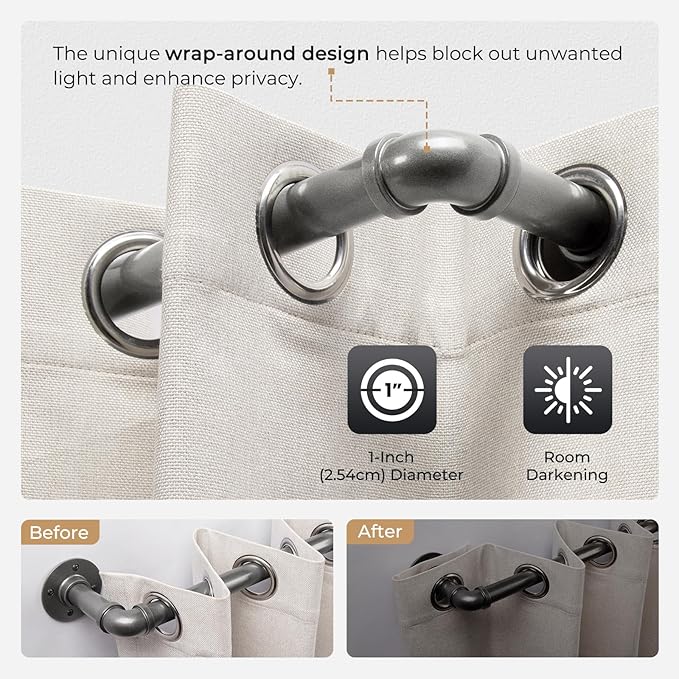 Zeerobee Curtain Rods for Windows 120 to 240, 1 Inch Industrial Wrap Around Grey Curtain Rod, Indoor/Outdoor Room Divider Adjustable Drapery Pole, 120"-240"