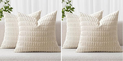 MIULEE Pack of 4 Corduroy Decorative Throw Pillow Covers 18x18 Inch Soft Boho Striped Pillow Covers Modern Farmhouse Home Decor for Sofa Living Room Couch Bed Cream White