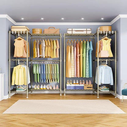 E15 Garment Rack L Shaped Clothes Rack for Corner，Freestanding Clothing Racks for Hanging Clothes，Heavy Duty Closet Organizer with 4 Hanging Rods & 8 S Hooks，43.4" W x 15.8" D x 78.4" H，Gold