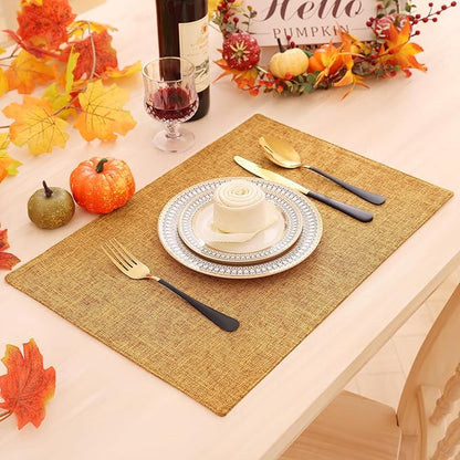 Homaxy Cloths Placemats for Dining Table Set of 6, Heat Resistant Washable Cotton Linen Blend Table Mats, Easy to Clean Place Mats for Indoor Outdoor Party Kitchen Decoration, 13" x 19", Amber