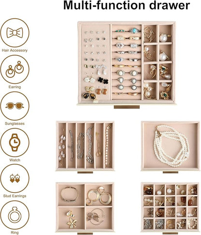 Frebeauty Clear Lid Jewelry Box,5-Layer Jewelry Organizer with Drawer,PU Leather Jewelry Organizers and Storage,Jewelry Boxes for Women,Jewelry Storage for Rings Earring Stud,Gift for Women(Beige)
