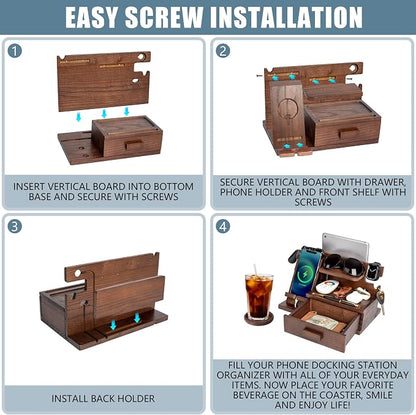 Parkway Home Wood Phone Docking Station with Drawer, Compatible with Apple Watch - Wood Charging Station Organizer Stand, Bedside Nightstand Organizer for Men, Holds Phone, Tablet, Keys, Glasses, EDC