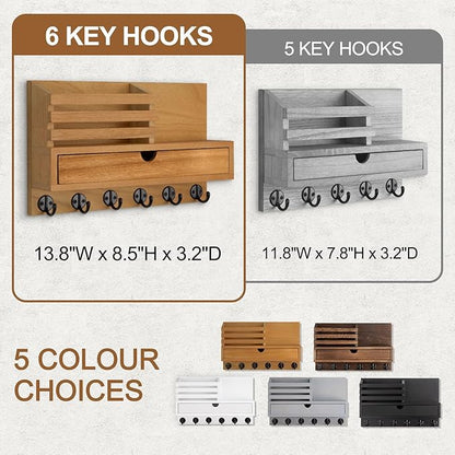 Key Holder Wall Mount, Mail Holder with Storage Drawer and 6 Key Hooks for Coat, Dog Leash, Home Decor Rack, House Accessories, Entry Way Organizer