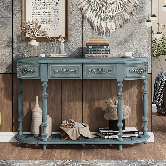 HMFULE Retro Curved Console Table, 52" Solid Wood Half Moon Console Table Sofa Table with 4 Drawers 1 Open Shelf for Living Room,Entryway,Hallway,Antique Blue