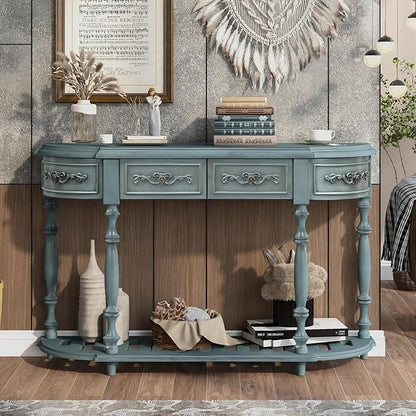 HMFULE Retro Curved Console Table, 52" Solid Wood Half Moon Console Table Sofa Table with 4 Drawers 1 Open Shelf for Living Room,Entryway,Hallway,Antique Blue