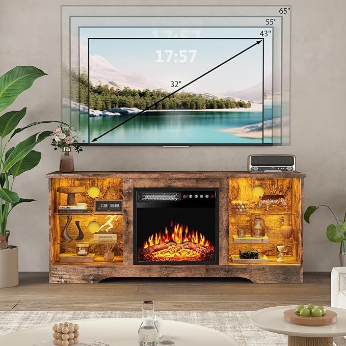 PRETZI Fireplace TV Stand with 18" Fireplace Up to 65" TVs, 58" Entertainment Center with LED Lights, TV Media Console with Adjustable Glass Shelves and Storage Cabinets for Living Room, Brown