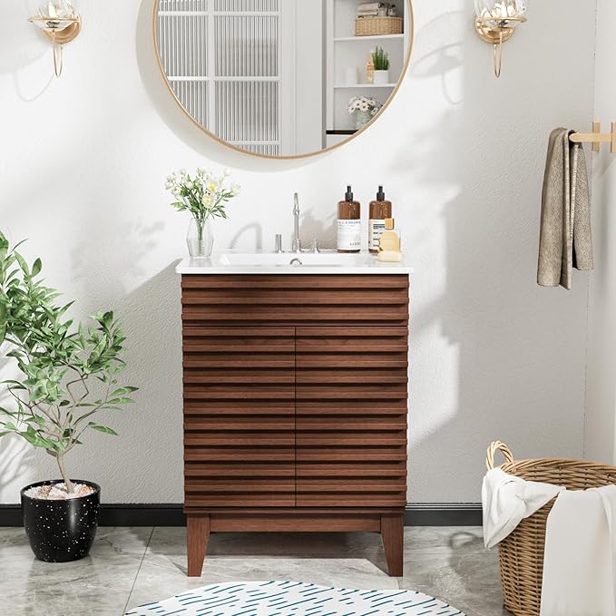 ROOMTEC 24" Walnut Modern Freestanding Bathroom Vanity Sink with Storage, 2 Levels, 2 Compartments, Undermount Ceramic Sink