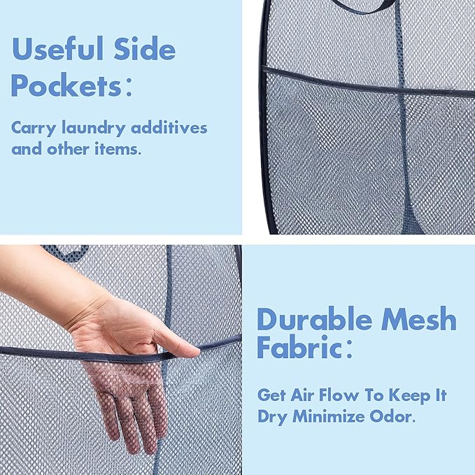 DUCOO Pop Up Laundry Hamper, 70L Collapsible Mesh Laundry Basket with Side Pocket, Foldable Dirty Clothes Hamper with Sturdy Reinforced Handles for Home Dorm Bedroom Travel Bathroom Storage, Blue
