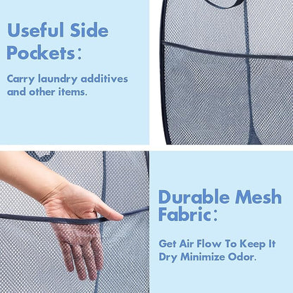 DUCOO Pop Up Laundry Hamper, 70L Collapsible Mesh Laundry Basket with Side Pocket, Foldable Dirty Clothes Hamper with Sturdy Reinforced Handles for Home Dorm Bedroom Travel Bathroom Storage, Blue
