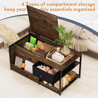 SINPAID Coffee Table with Storage, Rectangular Coffee Tables for Living Room, Farmhouse Coffee Table with Hidden Storage Compartment and Adjustable Shelves, Walnut
