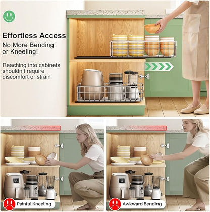 Stainless Steel Pull Out Cabinet Organizer(11.8"W x 16.5"D x 4.7"H)-1 Pack, Minimalist Design Frame, Full-Extension Slide Rails, Easy Installation for Pantry Organizers or Kitchen Cabinet Organizer