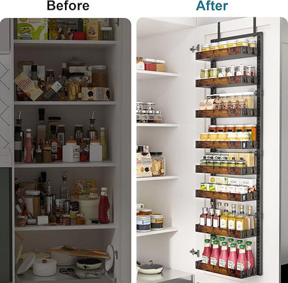 BUKFEN 8-Tier Over the Door Pantry Organizer, 2-in-1 Door Hanging or Wall Mounted Spice Rack, Heavy Duty Metal Storage Shelves with Adjustable Wooden Baskets for Kitchen Bathroom Closet
