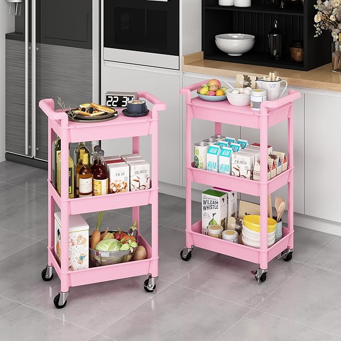 MIOCASA Utility Rolling Cart with Cover Top Board, 3-Tier Kitchen Storage Organization, Art Cart with Wheels for Office, Classroom, Livingroom, Kitchen, Bathroom (Pink, 3-Tier-Plastic)