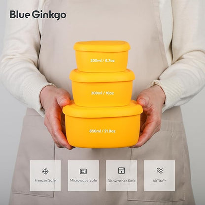 BLUE GINKGO Nesting Silicone Containers - Set of 3 Hard-Shell Silicone Food Storage Containers | BPA Free, Airtight, Dishwasher and Freezer Safe (6.7oz, 10oz, 20oz) - Yellow