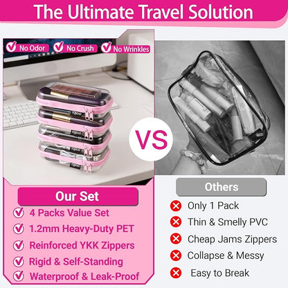 YQBRAO 4-Pack Clear Hard Shell Zipper Case, 1.2mm Ultra-Thick Diaper Bag Organizer Pouches, Rigid Self-Standing Travel Makeup Bags with YKK Zippers, TSA Approved, Pink