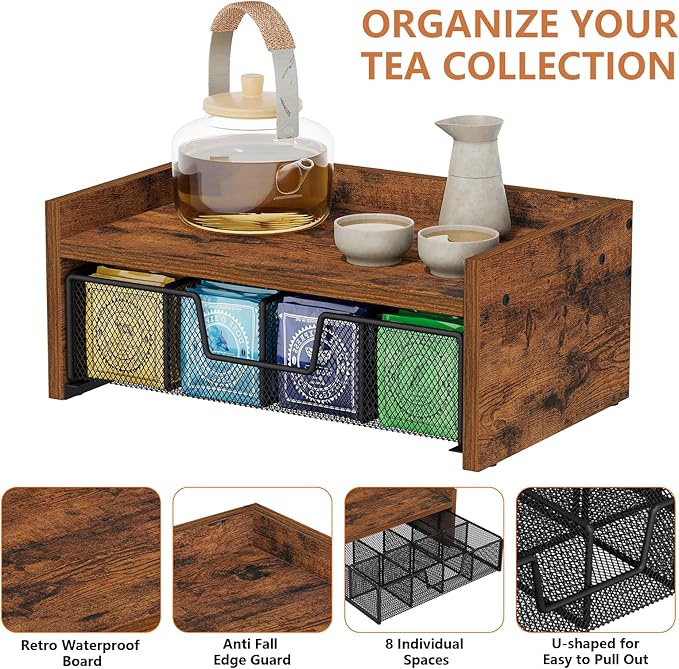 YINMIT Tea Bag Organizer, Tea Bag Holder with Drawer, Wood Tea Box Organizers and Storage Chest, Tea Station Chest Display for Countertop Kitchen, Office