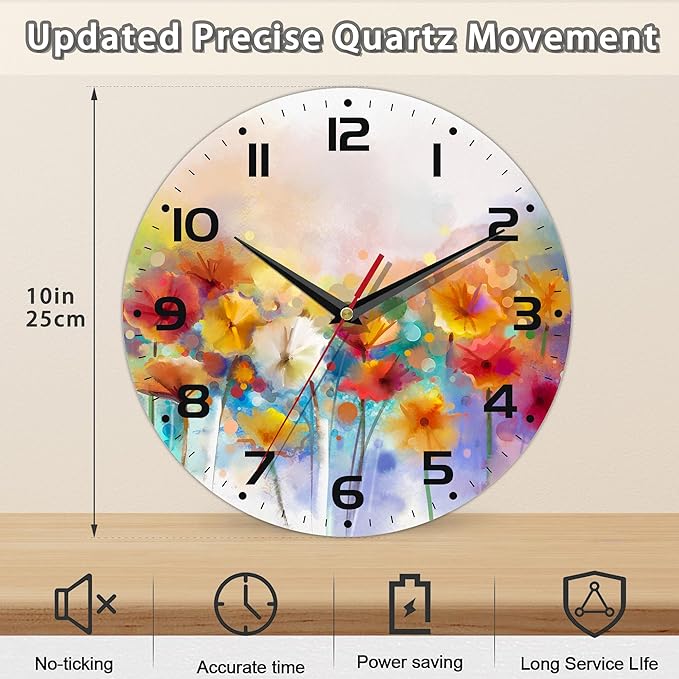 Clock for Living Room, Vintage Wild Floral Wall Clock Vintage Wooden Wall Clock Silent Non-Ticking Battery Operated Arabic Numerals Wall Clocks Decorative for Kitchen, Office, Classroom 10 Inch
